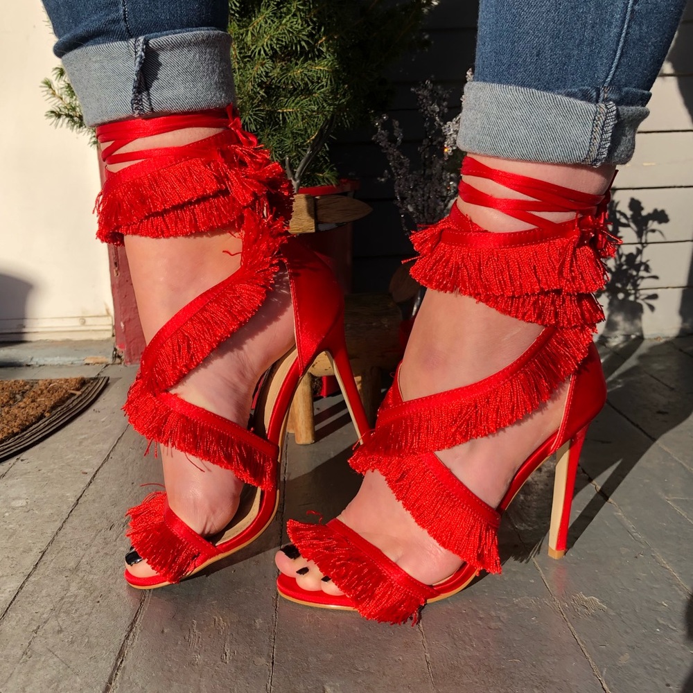 NEVER WORN! NastyGal Red Fringe Wrap Heels